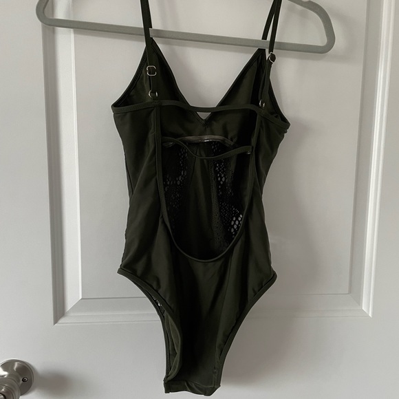 Olive Green Backless One-Piece with Laser Cutout Detail - Picture 3 of 3